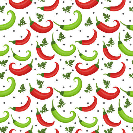 Chili peppers seamless pattern. Pepper red and green endless background, texture. Vegetable background. Vector illustrationのイラスト素材