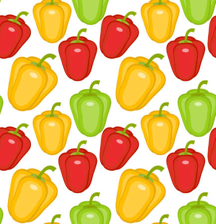 Bulgarian pepper seamless pattern. Paprika yellow, green, red, endless background, texture. Vegetable background Vector illustrationのイラスト素材