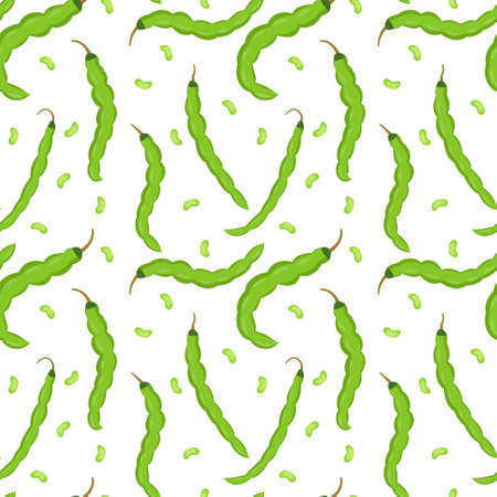 Haricot bean seamless pattern. Green pod endless background, texture. Vegetable backdrop. Vector illustrationのイラスト素材