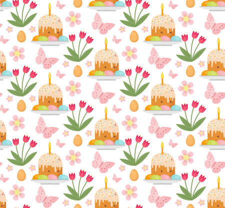 Easter seamless pattern with Easter cake, eggs and tulips. Endless Spring background, texture, digital paper. Vector illustrationのイラスト素材