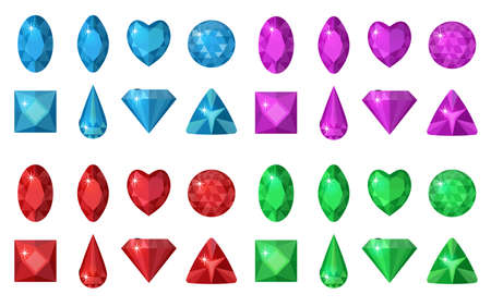 Multi-colored gems set. Jewelry, crystals collection isolated on white background. Diamonds  different  cut. Colorful gemstones collection. Realistic, cartoon style. Vector illustration, clip artのイラスト素材