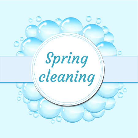 Soap bubbles frame isolated on white background, cartoon style. Spring cleaning concept. Vector illustrationのイラスト素材