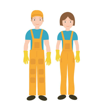 Cleaners in uniform woman and man icon, flat style. Workers isolated on white background. Vector illustrationのイラスト素材