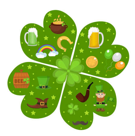 St. Patricks Day icon set in clover-shape design element. Traditional irish symbols in modern flat style. Isolated on white background. Vector illustration, clip artのイラスト素材