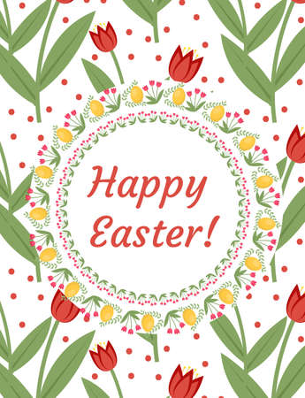 Happy Easter greeting card, flyer, poster with red tulips. Spring cute template for your design....