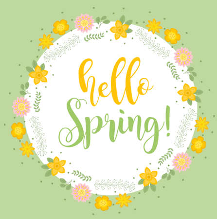 Hello Spring floral frame for text, isolated on white background.のイラスト素材