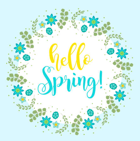 Hello Spring floral frame for text, isolated on white background. Spring template for your design, cards, invitations, posters.のイラスト素材