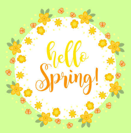 Hello Spring floral frame for text, isolated on white background. Spring template for your design, cards, invitations, posters. Vector illustrationのイラスト素材