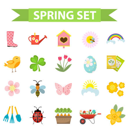 Spring icons set, flat style. Gardening cute collection of design elements, isolated on white background. Nature clip art. Vector illustrationのイラスト素材