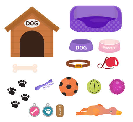 Dogs stuff icon set with accessories for pets, flat style, isolated on white background. Puppy toy. Doghouse, collar, food. Pet shop concept. Vector illustration, clip artのイラスト素材