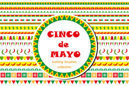 Cinco de Mayo celebration set of borders, ornaments, bunting. Flat style,のイラスト素材