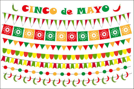 Cinco de Mayo celebration set of colored flags, garlands, bunting. Flat style, isolated on white background. Vector illustration, clip artのイラスト素材