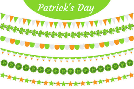 St. Patricks Day garland set. Festive decorations bunting. Party elements, flags, shamrock, clover. Isolated on white background. Vector illustration, clip artのイラスト素材