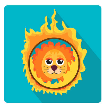 Lion jumping through a ring of fire in the circus icon flat style with long shadows, isolated on white background. Vector illustrationのイラスト素材