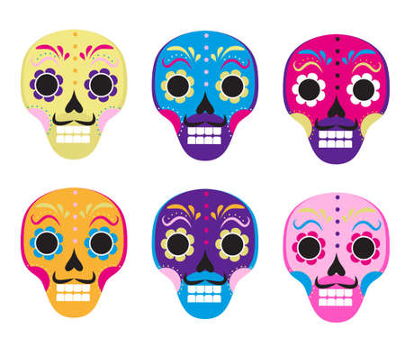 Sugar skull set icon, flat, cartoon style. Cute dead head, skeleton for the Day of the Dead