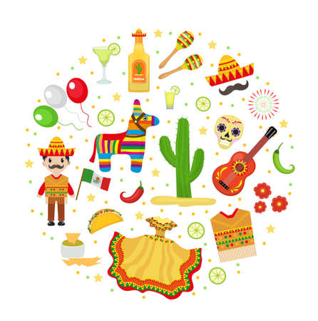 Cinco de Mayo celebration in Mexico, icons set in round shape, design element, flat style.のイラスト素材
