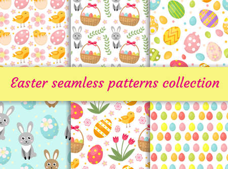 Cute Easter seamless pattern collection with birds and eggs. Endless Spring background, texture, digital paper. Vector illustration.のイラスト素材
