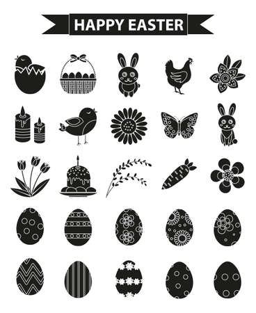 Happy Easter icon set, black silhouette, outline style. Vector illustration.のイラスト素材