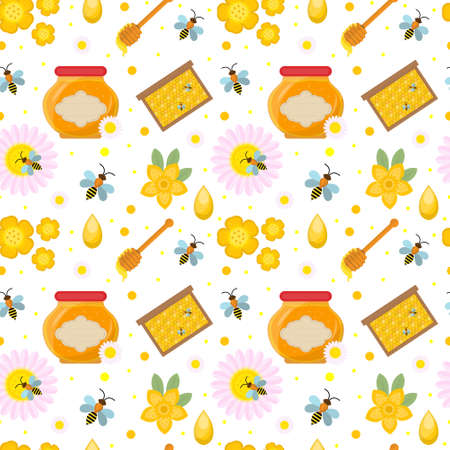 Honey seamless pattern. Beekeeping endless background, texture. Vector illustration.のイラスト素材