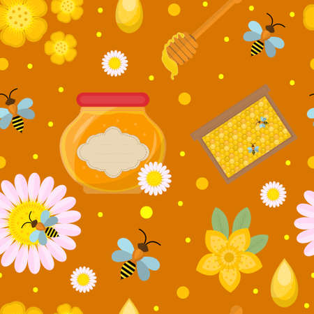Honey seamless pattern. Beekeeping endless background, texture. Vector illustration.のイラスト素材