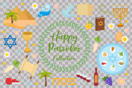 Passover icons set. flat, cartoon style. Jewish holiday of exodus Egypt. Collection with Seder plate, meal, matzah, wine, torus, pyramid. Isolated on white background Vector illustration.のイラスト素材