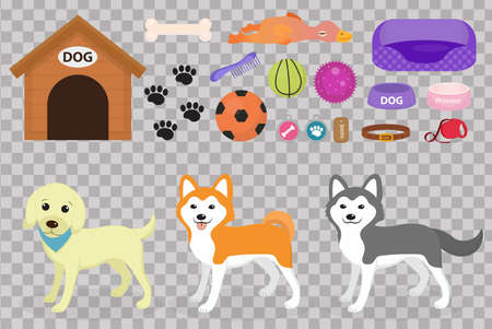 Dogs stuff icon set with accessories for pets, flat style, isolated on white background. Domestic animals collection with a Husky, akita inu, lablador. Puppy toy. Vector illustration, clip artのイラスト素材