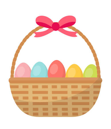Basket with painted eggs. Easter basket icon, flat style. Isolated on white background. Vector illustration, clip-art.のイラスト素材