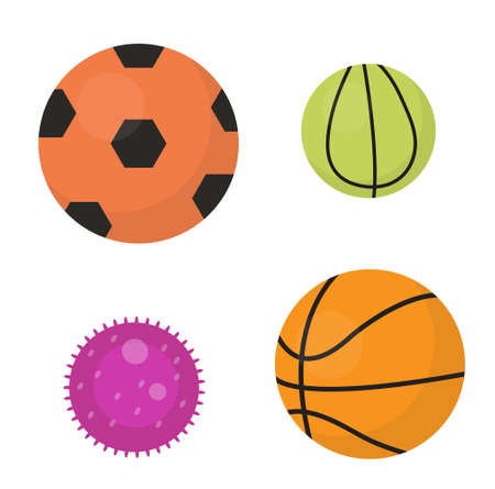 Balls set  icons, flat, cartoon style. Collection of football, basketball, tennis. Isolated on white background. Vector illustration, clip-art.のイラスト素材