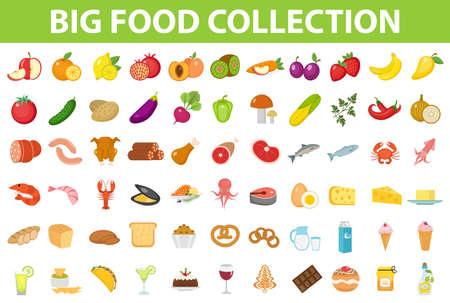 Big set icons food, flat style. Fruits, vegetables, meat, fish, bread, milk, sweets. Meal icon isolated on white background Ingredients collection Vector illustrationのイラスト素材
