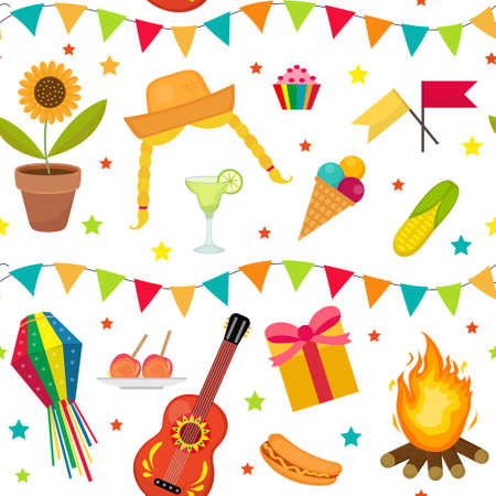 Festa Junina seamless pattern. Brazilian Latin American festival endless background. Repeating texture with traditional symbols. Vector illustrationのイラスト素材