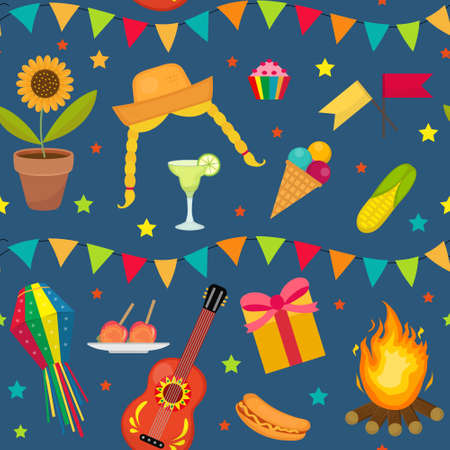 Festa Junina seamless pattern. Brazilian Latin American festival endless background. Repeating texture with traditional symbols. Vector illustrationのイラスト素材