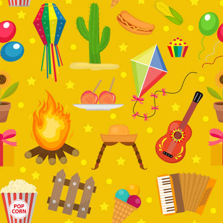 Festa Junina seamless pattern. Brazilian Latin American festival endless background. Repeating texture with traditional symbols. Vector illustrationのイラスト素材
