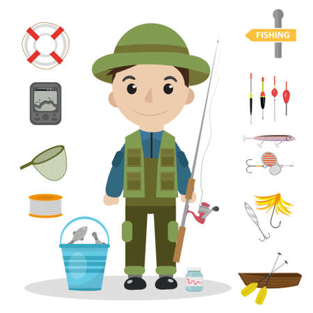 Fishing icon set, flat, cartoon style. Fishery collection objects, design elements, isolated on white background. Fisherman s tools with a fishing rod, tackle, bait, boat. Vector ilustration, clip-artのイラスト素材