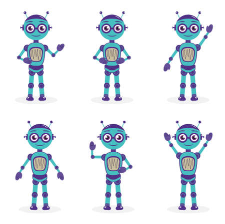 Cartoon mascot robot, robot character. Robot in different poses. Robot mascot logo. Vector illustrationのイラスト素材