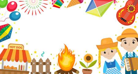 Festa Junina banner with space for text. Brazilian Latin American festival template for your design with traditional symbols. Vector illustrationのイラスト素材