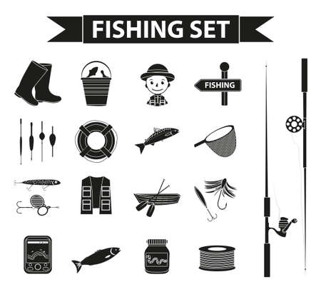 Fishing icon set, black silhouette, outline style. Fishery collection objects, design elements, isolated on white background. Vector illustration, clip-artのイラスト素材