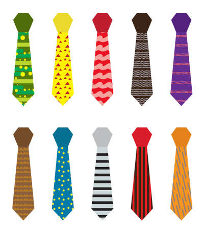 Set of multicolored ties with different patterns. Fathers day or mens fashion concept isolated on white background. Vector illustrationのイラスト素材