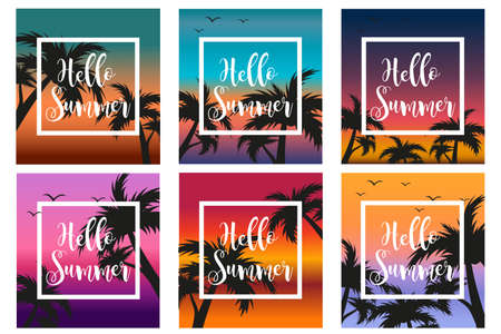 Hello summer set the template for the poster in a white frame on a background of sunset and palm trees. Beach concept collection, vacation, vacation by the sea. Vector illustrationのイラスト素材