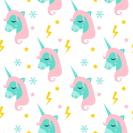 Magic Unicorn seamless pattern. Modern fairytale endless textures, magical repeating backgrounds. Cute baby backdrops. Vector illustrationのイラスト素材