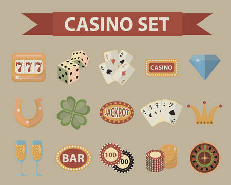 Casino icons, vintage style. Gambling set isolated on a white background. Poker, card games, one-armed bandit, roulette collection of design elements. Vector illustration, clip artのイラスト素材