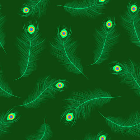 Peacock feathers seamless pattern. Elegant ethnic endless background. Krishna Janmashtami concept. Repetitive texture, backdrop. Vector illustrationのイラスト素材