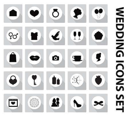 Wedding set of icons, design elements, black silhouette with long shadows.Marriage and romance of a collection of objects with ring, bride, groom, balloons, hearts, flowers. Vector illustration.のイラスト素材