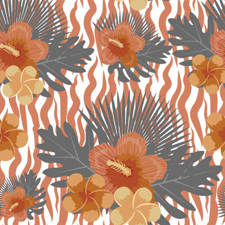 Tropical flowers, plants, leaves and animal skin seamless pattern. Summer Endless floral background. Paradise repeating texture. Exotic backdrop.Vintage style. Vector illustrationのイラスト素材