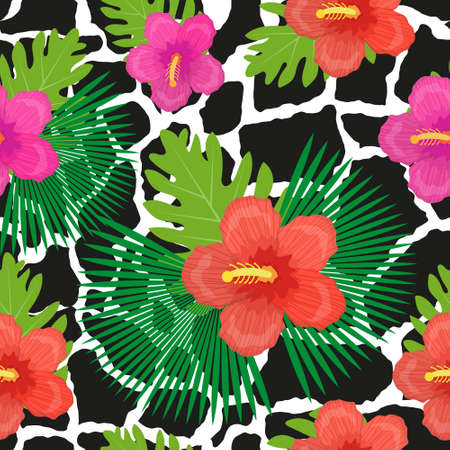 Tropical flowers, plants, leaves and animal skin seamless pattern. Summer Endless floral background. Paradise repeating texture. Exotic backdrop. Vector illustrationのイラスト素材