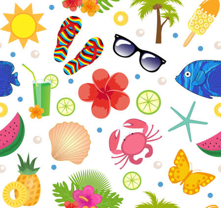 Summertime seamless pattern. Bright summer infinite background. Beach, vacation, sea theme repeating texture. Vector illustrationのイラスト素材