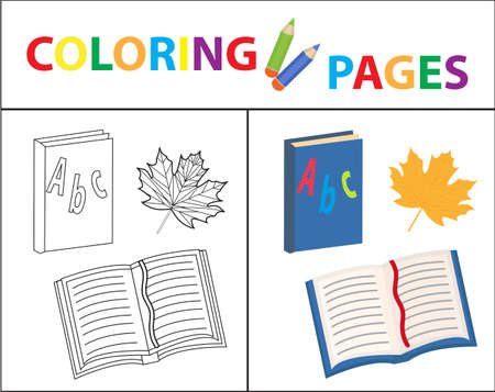 Coloring book page: back to school set, book, primer sketch outline and color version. Coloring for kids, childrens education vector illustrationのイラスト素材