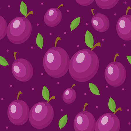 Plums seamless pattern. Plum endless background, texture. Fruits backdrop. Vector illustrationのイラスト素材