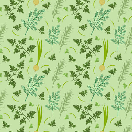 Herbs seamless pattern. Parsley, dill, razmarin endless background, texture. Vegetable backdrop Vector illustrationのイラスト素材
