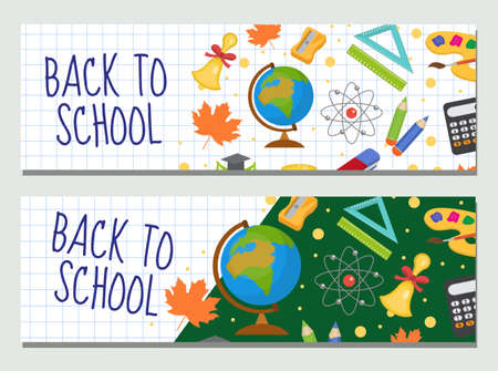 Back to school set of banners, template with space for text for your design. Education collection long board, poster, flyer. Flat style. Vector illustrationのイラスト素材