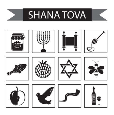 Set icons on the Jewish new year, black silhouette icon, Rosh Hashanah, Shana Tova. Cartoon icons flat style. Traditional symbols of Jewish culture. Vector illustrationのイラスト素材
